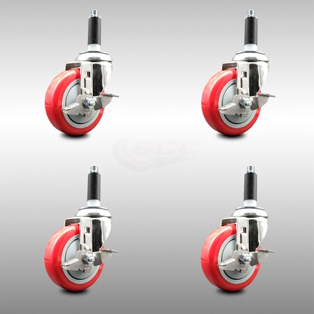 Service Caster 4 Inch 316SS Red Poly Swivel 3/4 Inch Expanding Stem Caster Set Brake SCC SCC-SS316EX20S414-PPUB-RED-TLB-34-4